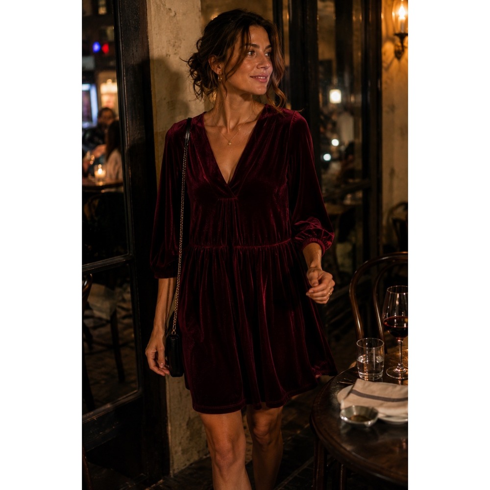 Amadi Anthropologie Greta Burgundy Velvet Babydoll Mini Dress Holiday Large